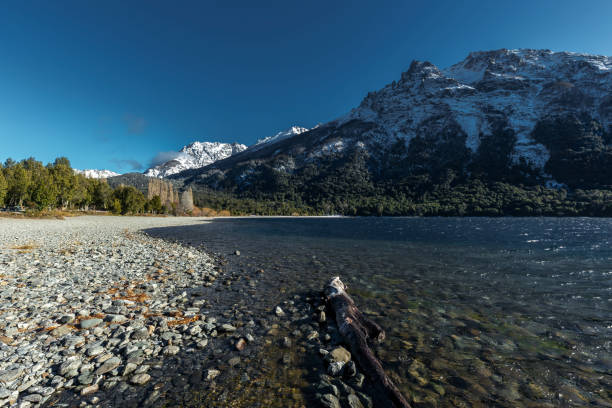 Argentina patagonia landscape with snow capped mountains, lakes, trees and rocks