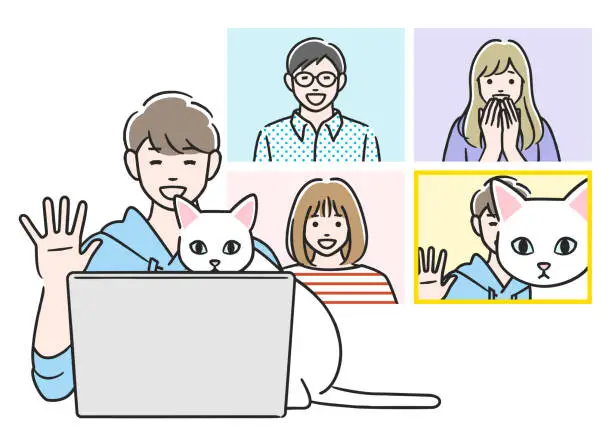 Vector illustration of Cat looking into a web conference