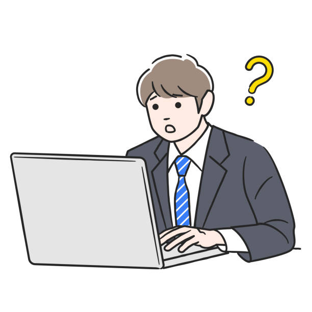Man with questions while working on a computer A man in a suit who has questions while working on a computer. angled laptop on white background stock illustrations