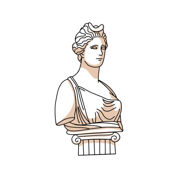 Vector illustration of Female antique female profile standing on greek column. Greek flat vector design in pastel colors. Feminine tender design.