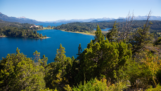 General view of spectacular Lago Nahuel Huapi and Cerro Campanario in Argentina