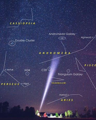 Our neighbor galaxy, Andromeda rising in the east with it companion the Triangulum Galaxy and Double Cluster.