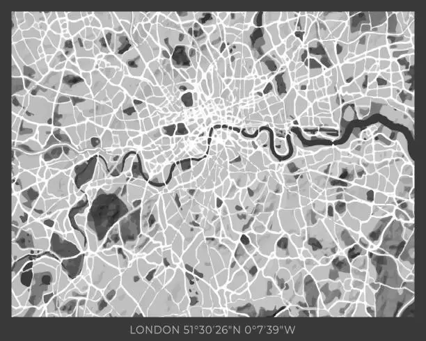 Vector illustration of London Map - abstract monochrome design for interior posters, wallpaper, wall art, or other printing products. Vector illustration