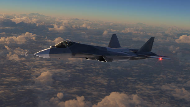 istock Fifth generation jet aircraft flies above the clouds 1407370629