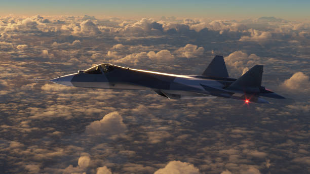 istock Fifth generation jet aircraft flies above the clouds 1407371245
