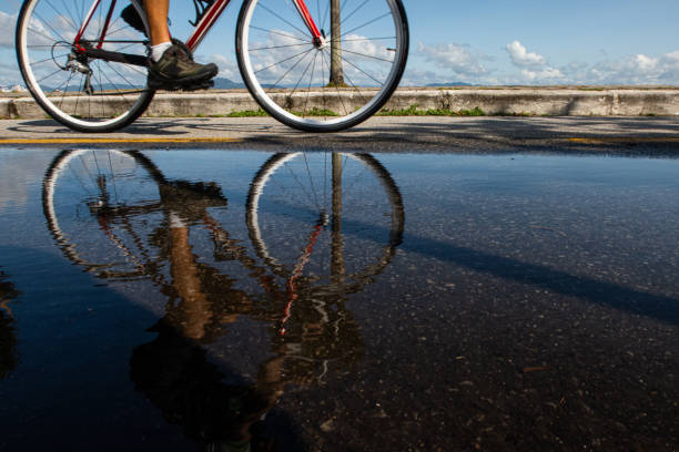 Unrecognizable people reflected in the water riding bicycle near the beach
