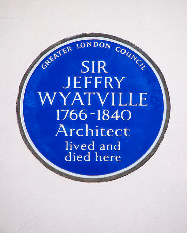 London, UK - March 8th 2022: A plaque marking the location where famous architect Sir Jeffry Wyatville lived and died, on Brook Street in the Mayfair area of London, UK.