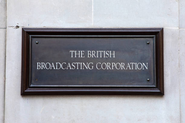 British Broadcasting Corporation Sign at the BBC HQ in London, UK stock photo