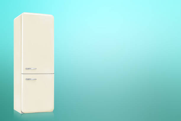 istock Refrigerator on blue abstract background. Home freezer for household. 1407374434