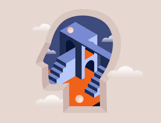 Vector illustration of Philosophy, psychology, mental health concept. Surreal head with abstract geometric architectural shapes. Metaphor for open mind, creative thinking, dream