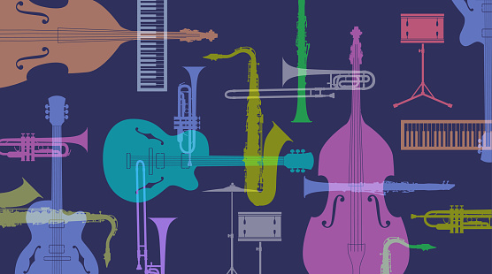 Colourful overlapping silhouettes of Jazz musical instruments. jazz, music, jazz music, concert, performance, audience,