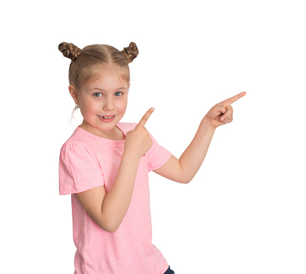 Photo of positive kid girl show thumb up sign enjoy new school promotion recommend suggest select wear good look clothes isolated pastel color background.