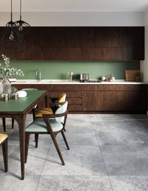 istock Kitchen interior with hexagonal green mosaic backsplash and gray tiles on the floor. 3d rendering. 1407377841