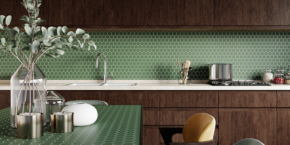 Kitchen interior with hexagonal green mosaic backsplash. 3d rendering.