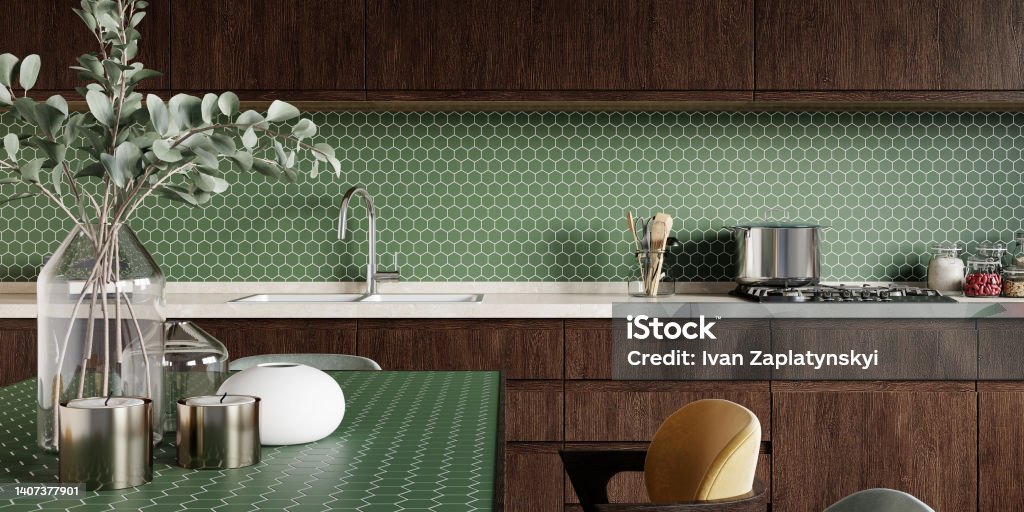 Mosaic backsplash in kitchen. 3d rendering. Modern interior. Classic style. Kitchen interior with hexagonal green mosaic backsplash. 3d rendering. Kitchen Stock Photo