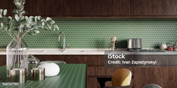 Mosaic Backsplash In Kitchen 3d Rendering Modern Interior Classic Style Stock Photo - Download Image Now