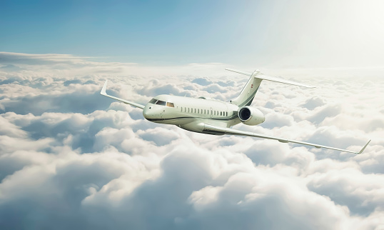 Airplanes flying with high speed on blue sky background seen from the ground.