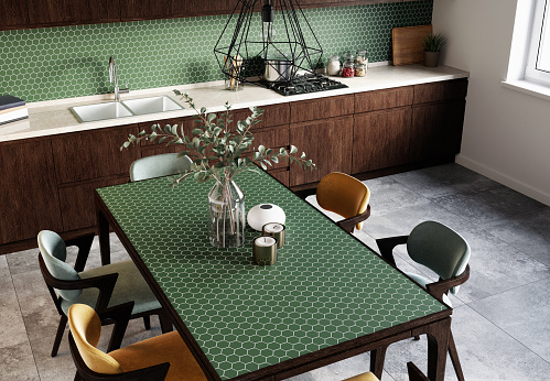 Interior of a modern dining room with hexagonal green mosaic backsplash and gray tiles on the floor. 3d rendering.