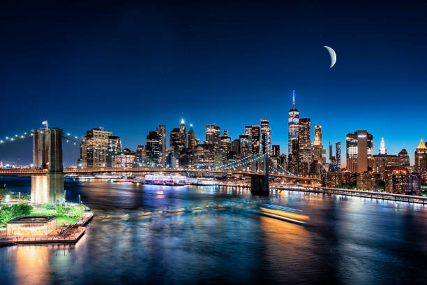 New York City by night, United States Buildings in Manhattan, New York new york city built structure building exterior aerial view stock pictures, royalty-free photos & images