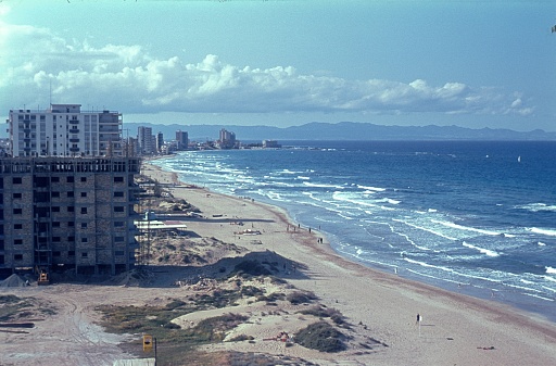 Cyprus, Greece, 1971. Large bathing beach with hotels on the holiday island of Cyprus.