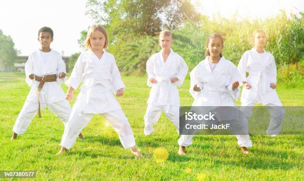 Kids In Kimono Doing Kata Moves Stock Photo - Download Image Now - 10-11 Years, 8-9 Years, African-American Ethnicity