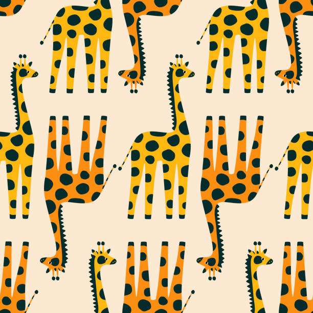 ilustrações de stock, clip art, desenhos animados e ícones de funny african giraffes hand drawn vector illustration. cute colorful safari animals seamless pattern for kids fabric or wallpaper. - giraffe print