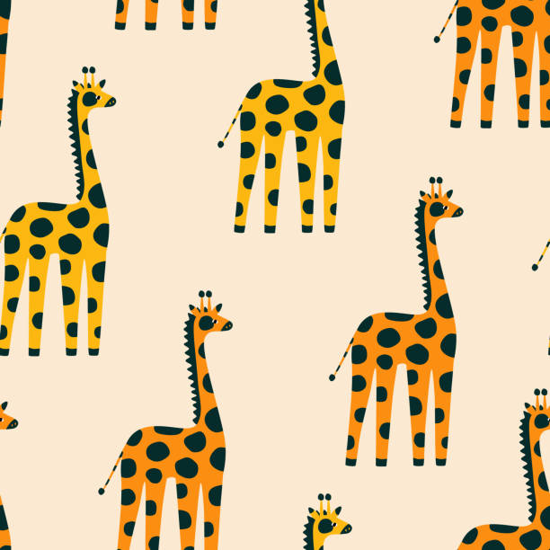 śliczne kolorowe afrykańskie żyrafy ręcznie rysowane ilustracje wektorowe. śmieszne zwierzęta safari bezszwowy wzór na tkaninę lub tapetę dla dzieci. - giraffe pattern africa animal stock illustrations