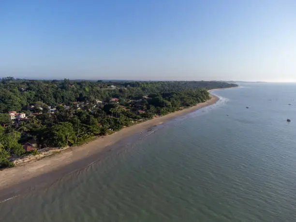 Aerial view of a deserted paradise beach amidst the nature of the Atlantic Forest