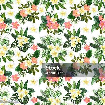 istock Seamless pattern of Clivia and Plumeria flowers and green tropical leaves, tropical floral ornament 1407382946