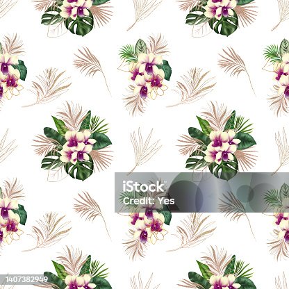 istock Seamless pattern of green and golden tropical leaves and orchid flowers, tropical floral ornament 1407382949