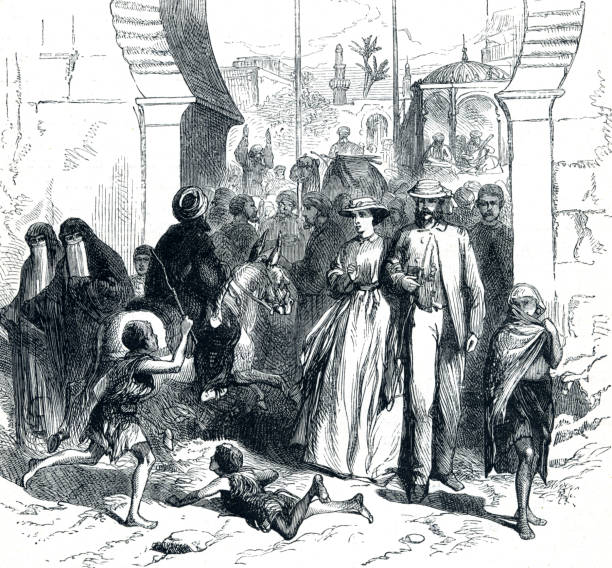 ilustrações de stock, clip art, desenhos animados e ícones de egypt street western explorers walking through cairo street - engraving women engraved image british culture