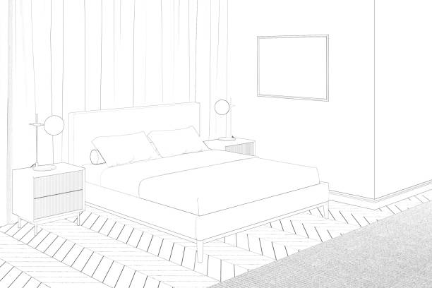 istock A sketch of a modern bedroom with a horizontal poster on a wall, modern lamps on nightstands on the sides of a bed near a curtained window, and a carpet on the parquet floor. 1407385874
