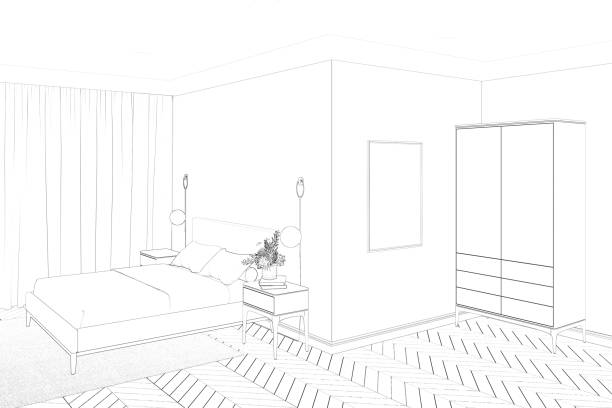istock A sketch of the bedroom with a vertical poster on a wall next to a wardrobe, sconces, and bedside tables on the sides of a modern bed by the window with curtains. 1407385880
