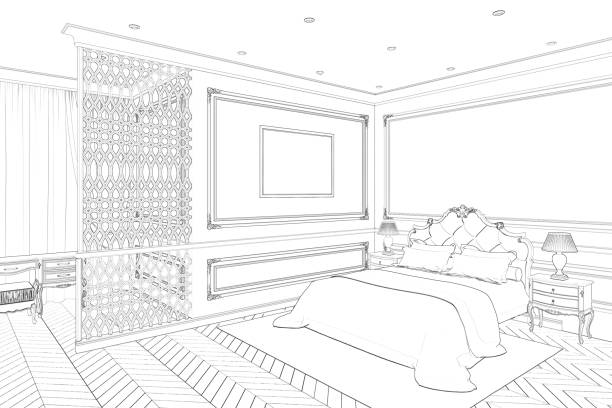 szkic klasycznej sypialni z poziomym plakatem na ścianie z listwami, lampkami na szafkach nocnych po bokach łóżka i stołem przy oknie za ażurową przegrodą. - trójwymiarowa forma stock illustrations