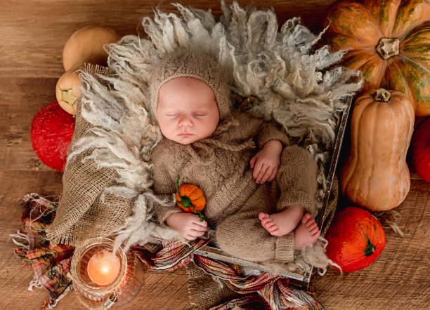 istock Newborn sleeping framed by orange pumpkins 1407391831