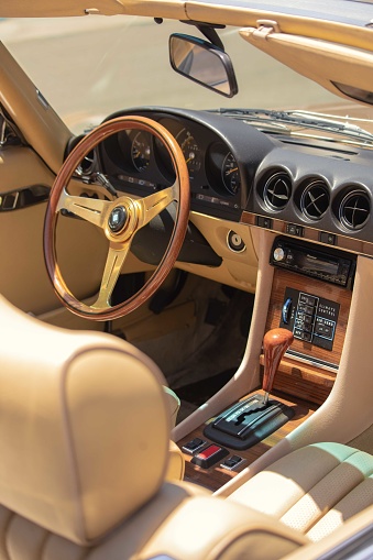 Huntington, CA, USA - July 4, 2022: Classic Mercedes-Benz 280 SL Interior in Huntington