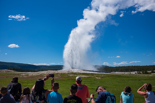 Mammoth, WY, USA - June 27, 2022: Visitors watch the famous geyser Old Faithful on a sunny day at Yellowstone National Park, which is the first national park in the U.S.