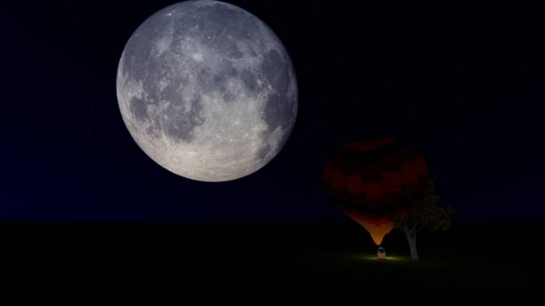 istock 3D illustration of a tree on a full moon background. Balloon at night. Starry night. 3D rendering 1407396213