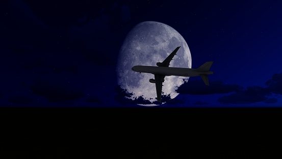 3D illustration of an airplane in the night sky on a background of full moon 3D rendering