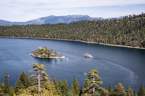 Boats in Emerald Bay, Lake Tahoe traveling around Fannette Island.