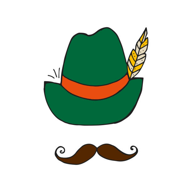 ilustrações, clipart, desenhos animados e ícones de oktoberfest 2022 - festival da cerveja. chapéu verde doodle desenhado à mão com uma pena e bigode marrom em um fundo branco. feriado tradicional alemão. - beer glass mustache beer color image