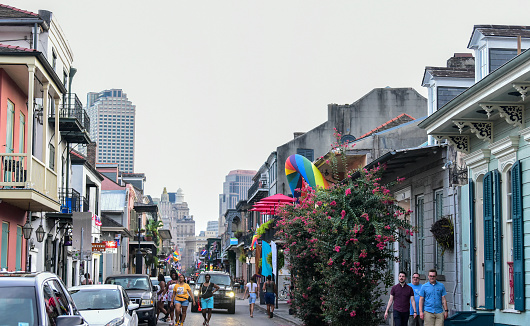 New Orleans, LA, USA - June 30, 2022: View of the traditional and historic architecture of the French Quarter including St. Louis Cathedral in New Orleans. The French Quarter, also known as the Vieux Carré, is the oldest neighborhood in the city of New Orleans.