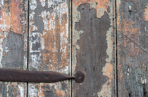 Old wooden doors with old layers of paint, and with a rusty metal hinge.