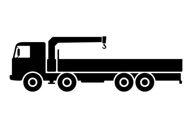 Vector illustration of Big truck crane manipulator icon. Black silhouette. Side view. Vector simple flat graphic illustration. Isolated object on a white background. Isolate.