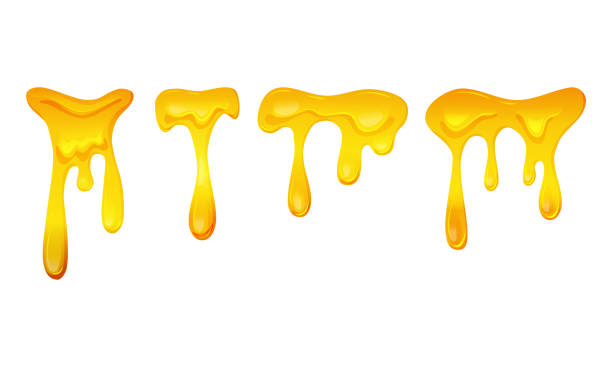 illustrazioni stock, clip art, cartoni animati e icone di tendenza di liquido viscoso giallo che scorre. gelatina di limone o gocce di miele. - honey caramel syrup fruit