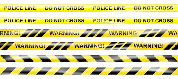 Vector illustration of Realistic under construction crossing caution tape of warning signs for construction area or crime scene. Danger tape. Police line and do not cross ribbon. Warning danger tape. Ribbons for accident