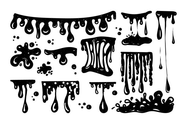 A set for working with blobs. Doodle style drawn elements. Black splashes of slime, stretching slime, toxic dripping slime. Slime splatter and droplets, liquid borders. Isolated vector shapes. A set for working with blobs. Doodle style drawn elements. Black splashes of slime, stretching slime, toxic dripping slime. Slime splatter and droplets, liquid borders. Isolated vector shapes trickle-down stock illustrations