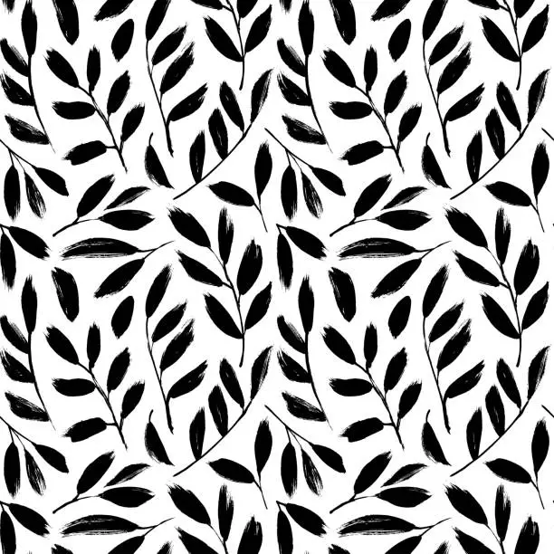 Vector illustration of Olive leaves and branches silhouettes seamless pattern.