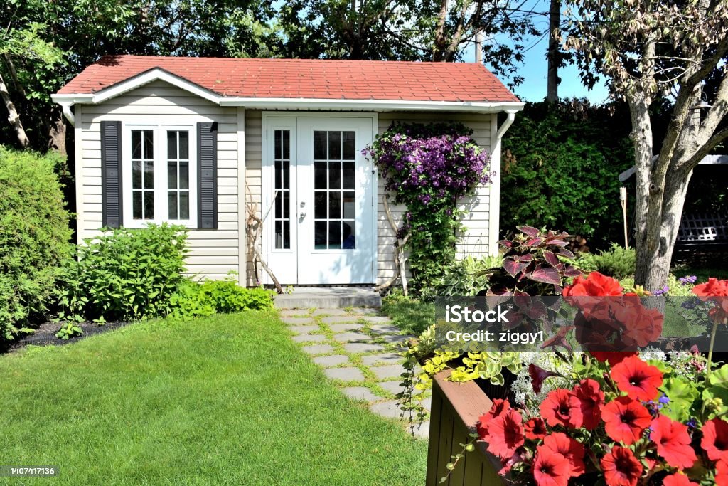 Lifestyle, " Back Yard  Shed " Lifestyle....This shot shows a small backyard building, used as a pottery studio, but could be used for storage, tools, etc. Back Yard Stock Photo