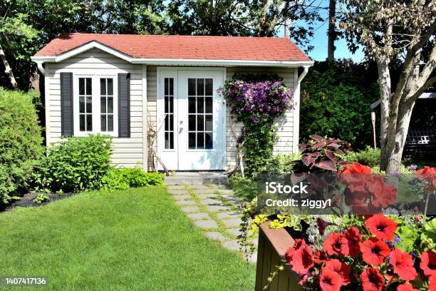 Lifestyle Back Yard Shed Stock Photo - Download Image Now - Back Yard, Shed, House